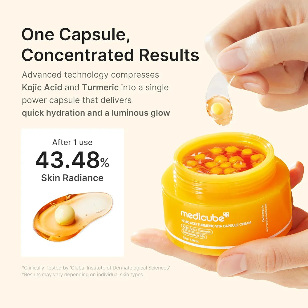 MEDICUBE Kojic Acid Turmeric Vita Capsule Cream Korean brightening cream for dark spots and uneven skin tone in Lebanon.